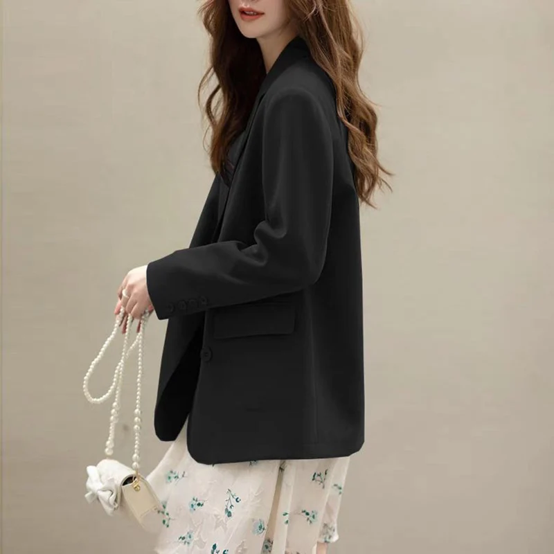 Blazer Women Loose Casual Long Sleeve High-End Coat Korean Fashion Notched Jacket Office Lady Double Breasted Solid Outwear