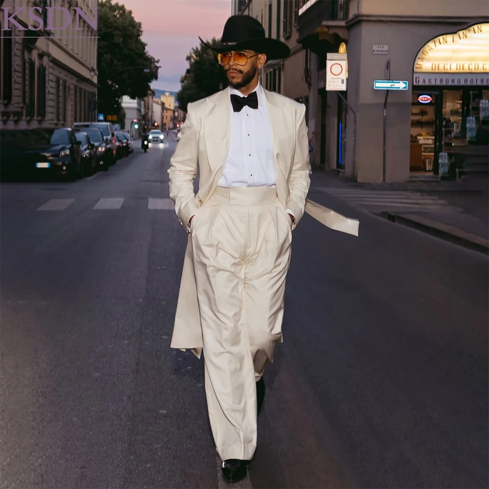 Luxury Beige Men's Long Suits Formal One-Button Peak Lapel Loose Fit 2 Piece Jacket Pants For Wedding Customized Prom Terno