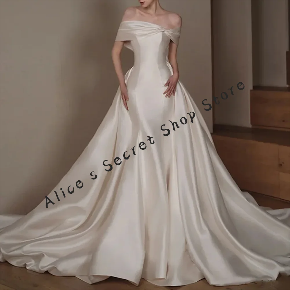 

Classic Off Shoulder Pleat Backless Bow Mermaid Bride Wedding Dresses Bridal Gowns Customized