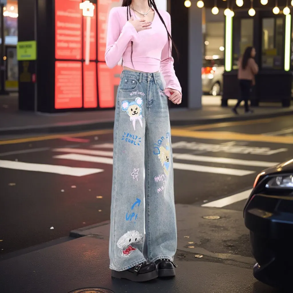 Pantalones vaqueros de transformación de talla grande para mujer, pantalones elásticos de pierna recta de 150kg de grasa Mm, estampado de cachorro, nuevo estilo para primavera y otoño