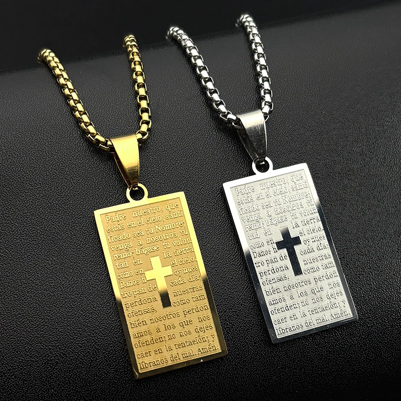 Collar rectangular de cadena con cruz de Jesús de la Biblia de oración del Señor español para mujeres y hombres, regalo de joyería cristiana de acero inoxidable de Color dorado
