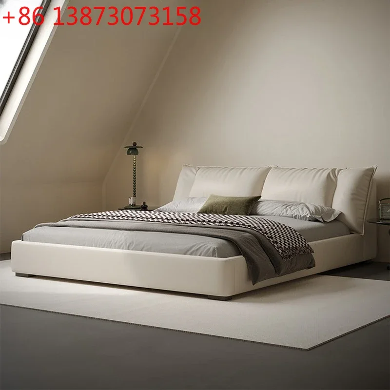 Cream wind leather bed 1.8 * 2 meters simple master bedroom tatami bed first layer cowhide down soft bag high-end wedding bed