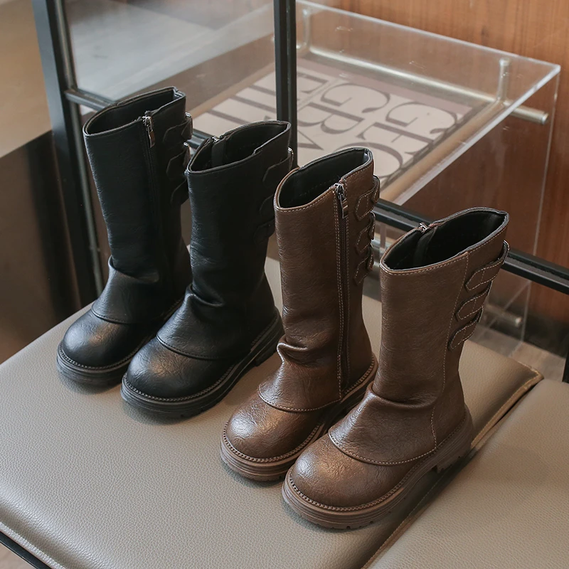 Kids Leather Boots Mid-calf Side Zipper Girls Fashion Boot Soild Color Versatile 2026 Autumn Winter Children Long Boots Non-slip