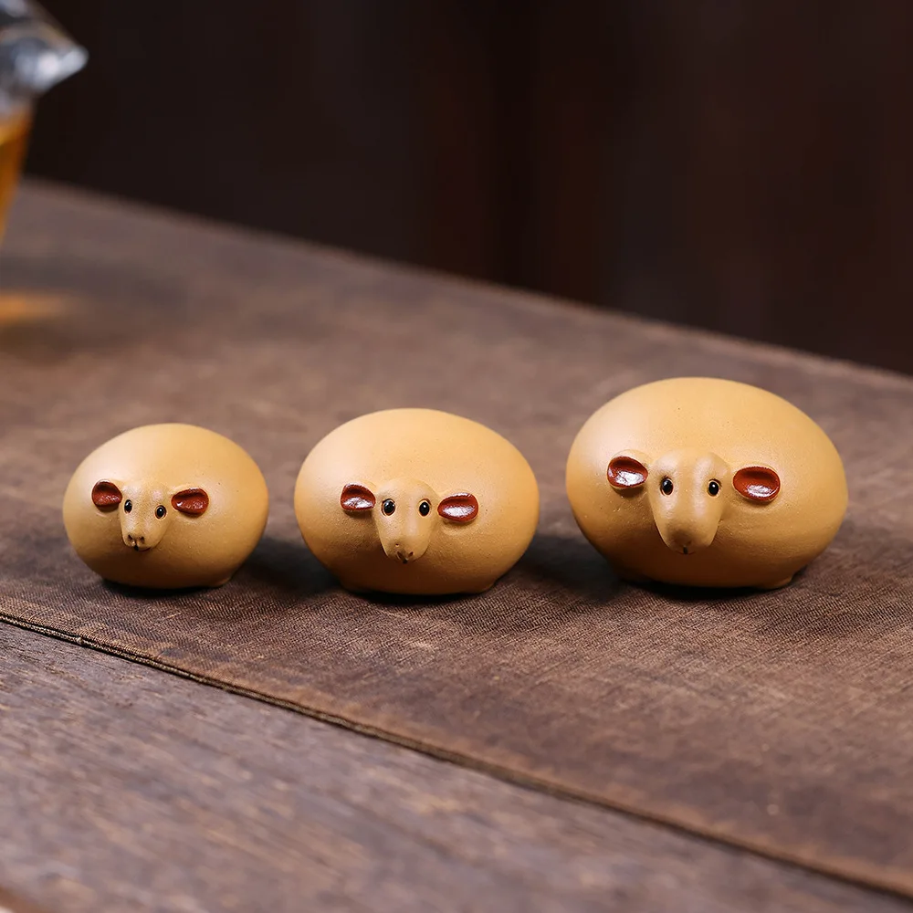 Purple Sand Tea Pet Sheep Decorations With Zodiac Signs Bull Carvings, Meaning, Three Sheep Opening Tea Players' Home
