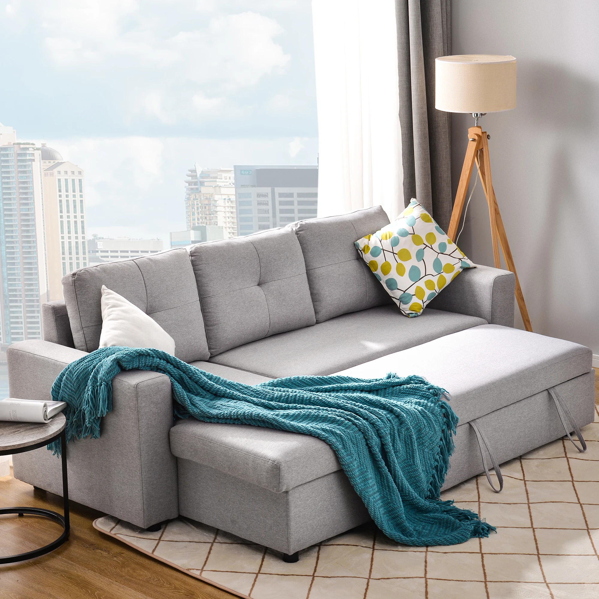 Modern Living Room Sofa Cum Bed Convertible Bed Armchair L Shape Corner Pull Out Sofa Bed Manufacturer Supplier with Storage view 4