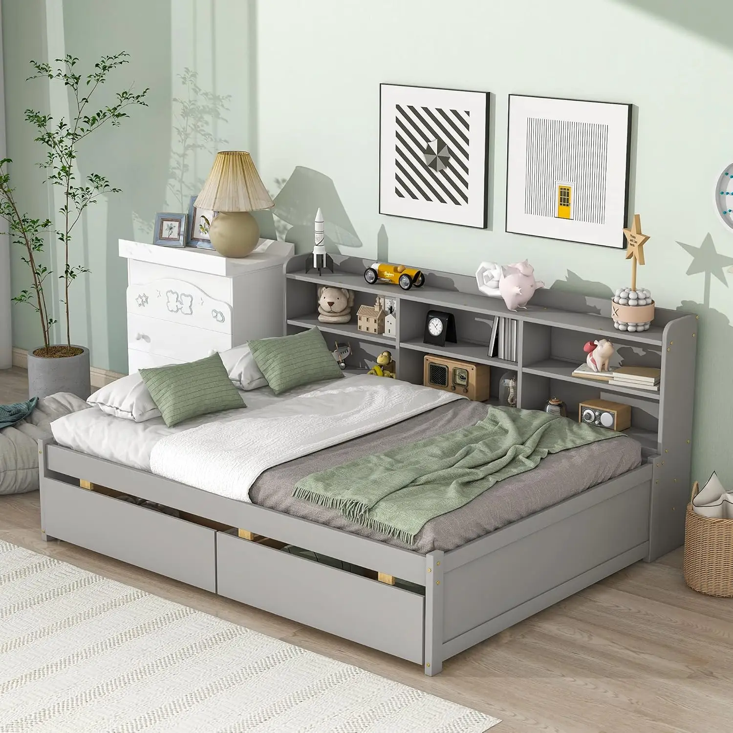 

Full Bed With Storage Bookcase And Drawers Wood Platform Bed With Sideboard Full Size Daybed Frame For Youths Teens Boys Girls