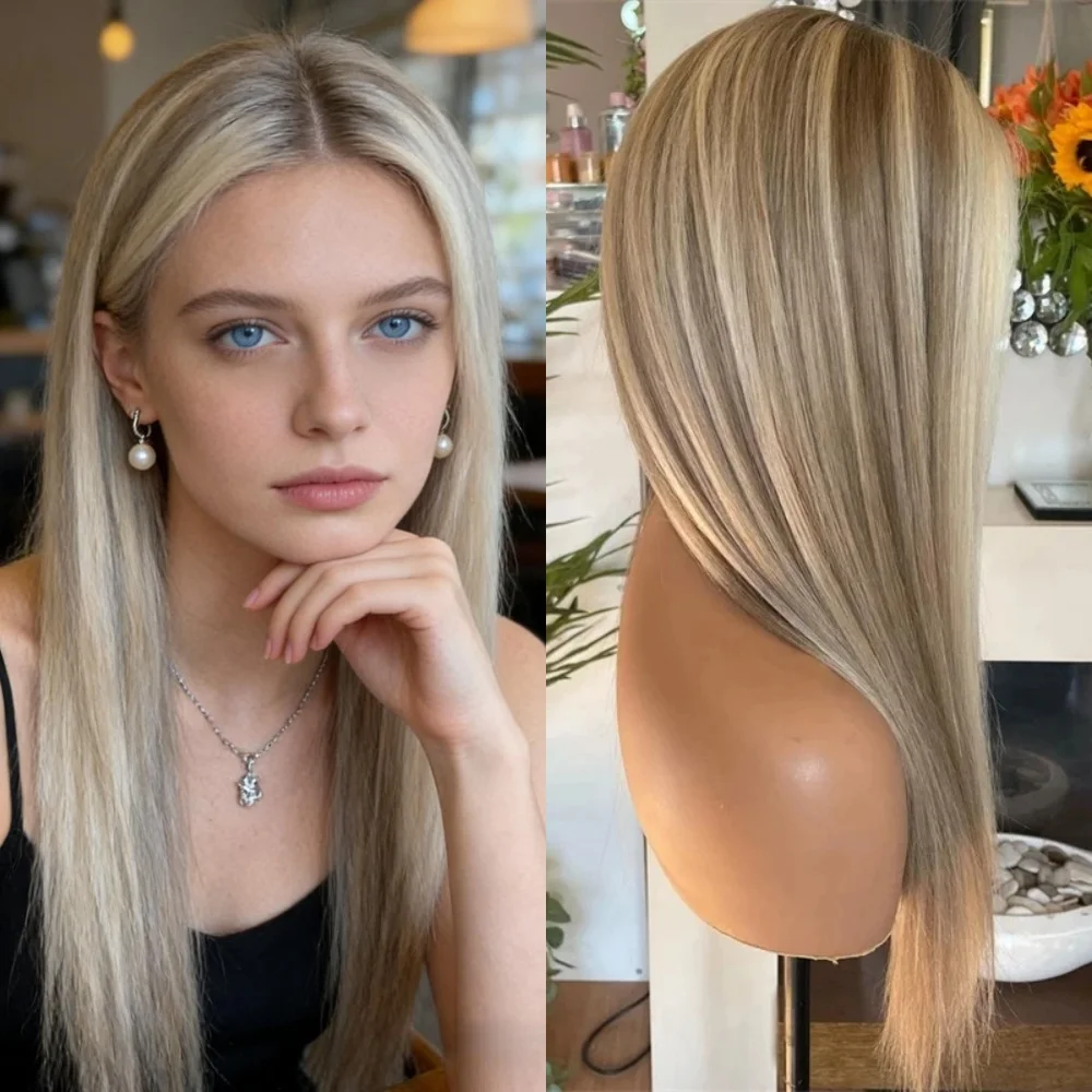 Ash Blonde Highlight 13x4 Lace Front Wig Long Straight Heat Resistant Synthetic Wig Natural Hairline For Ladies