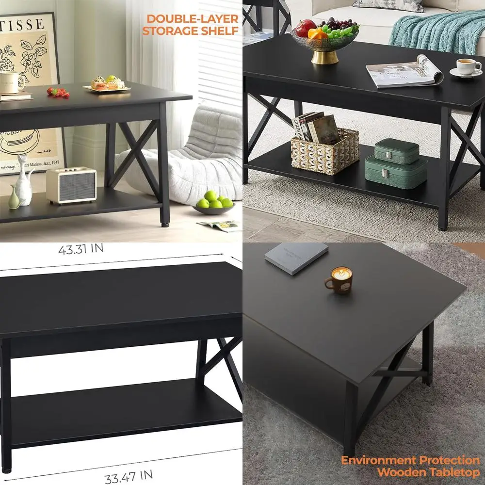 

Большой 43-дюймовый современный журнальный столик в фермерском доме с местом для хранения вещей, X-образный дизайн для компактной гостиной, простая сборка, черный