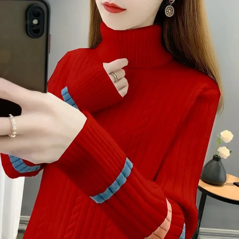 Turtleneck Elastic Sweater Women Autumn Winter Thicken Loose Long sleeved Patchwork Pullovers Warm Women\'s Knitwear Jumper Pull