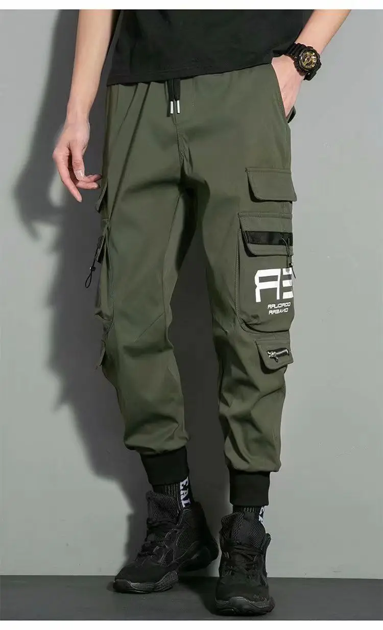 Thin Streetwear Casual Pants Men Ribbons Harem Jogging Pants Male Slim Fit Spring Cargo Pants Multi-Pockets Women Trouser J9