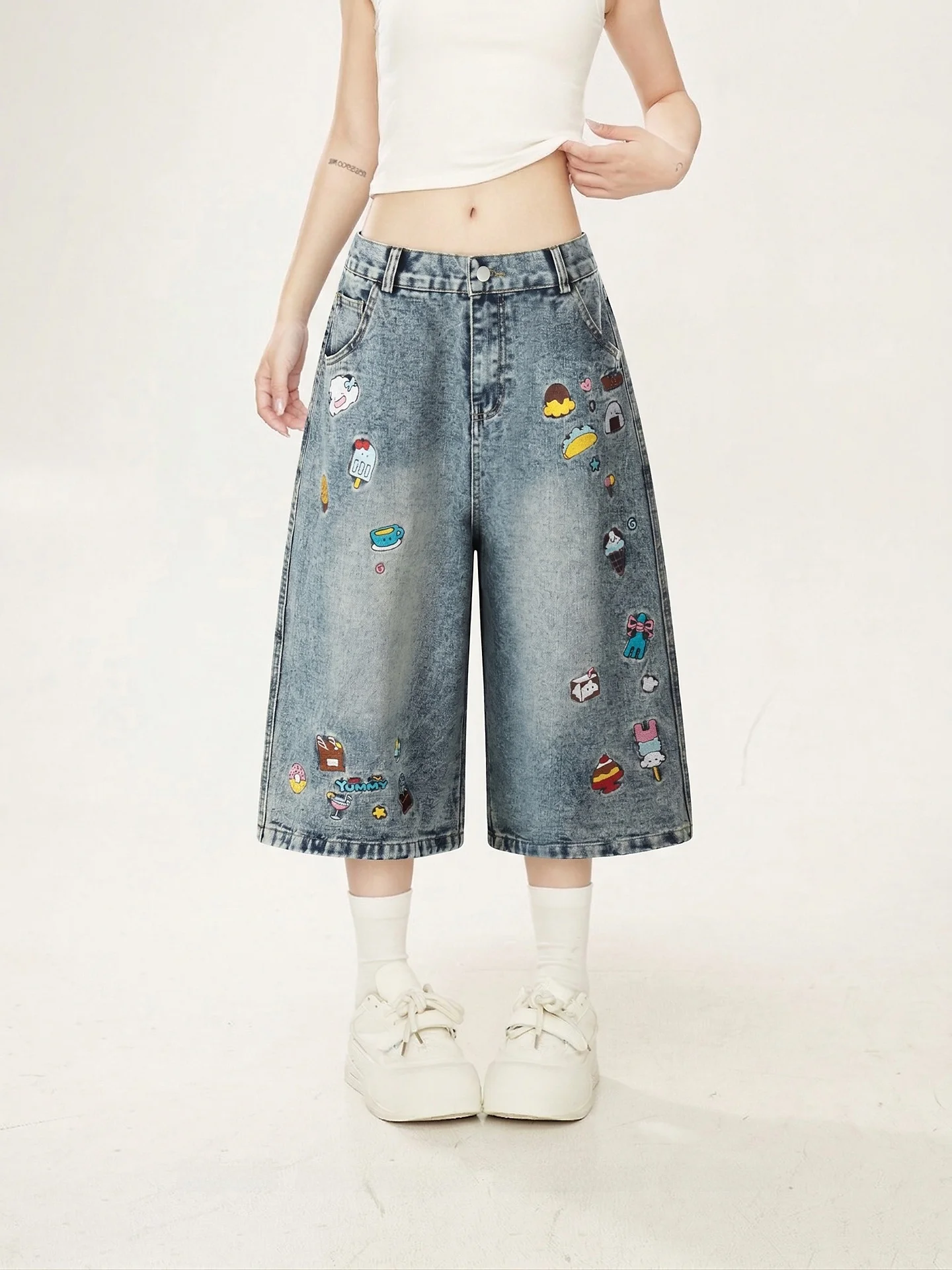 

Gradpopu Casual Embroidered Denim Shorts Women's Wide Leg Jeans mid Wash Loose Fit Summer New Style Cartoon Anime Design