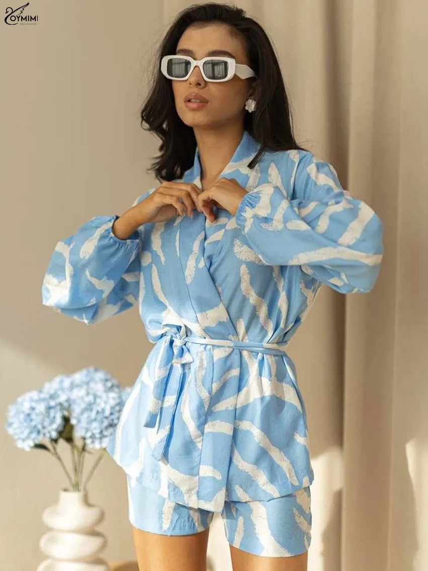 

Oymimi Casual Blue Print 2 Piece Sets Woman Outfits Fashion V-Neck Wrist Sleeve Lace-Up Shirts And High Waist Shorts Female Sets