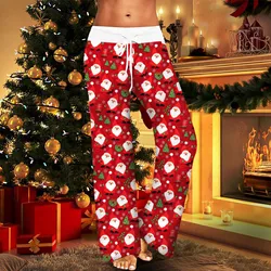 Christmas Printed Pants Women Vintage Elastic High Waist Drawstring Trousers Loose Wide Leg Outdoor Sports Trousers Pantalones