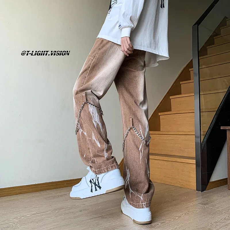 Men Tie Dye Gradient Color Brown Jeans Mens American Retro Jean Pants High Street Trendy Brand Chain Design Cargo Pants Techwear