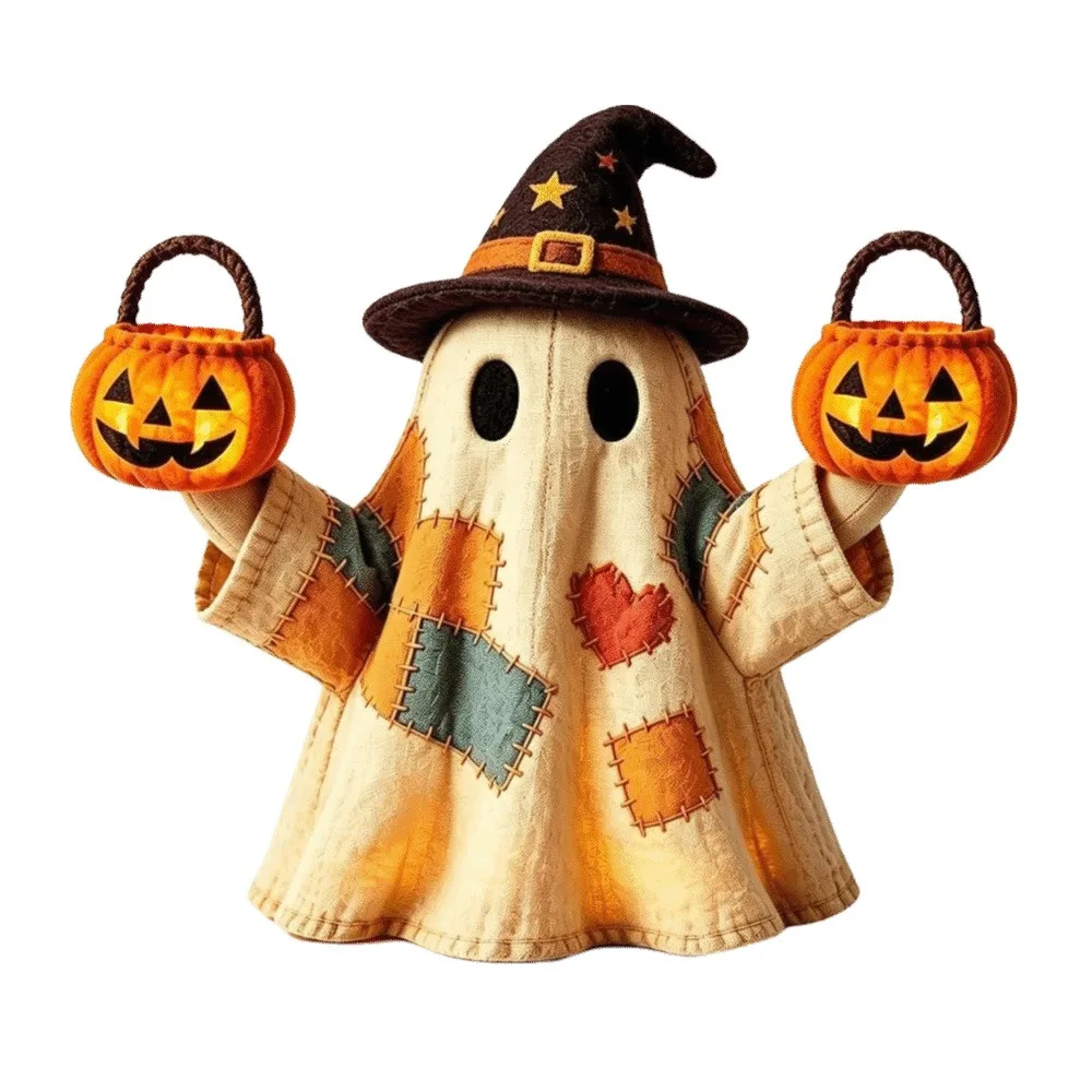 Resin Halloween Light Up Ghost Figurine Warm LED Light Battery Operated Ghost Table Ornament Patchwork Ghost Halloween Decor