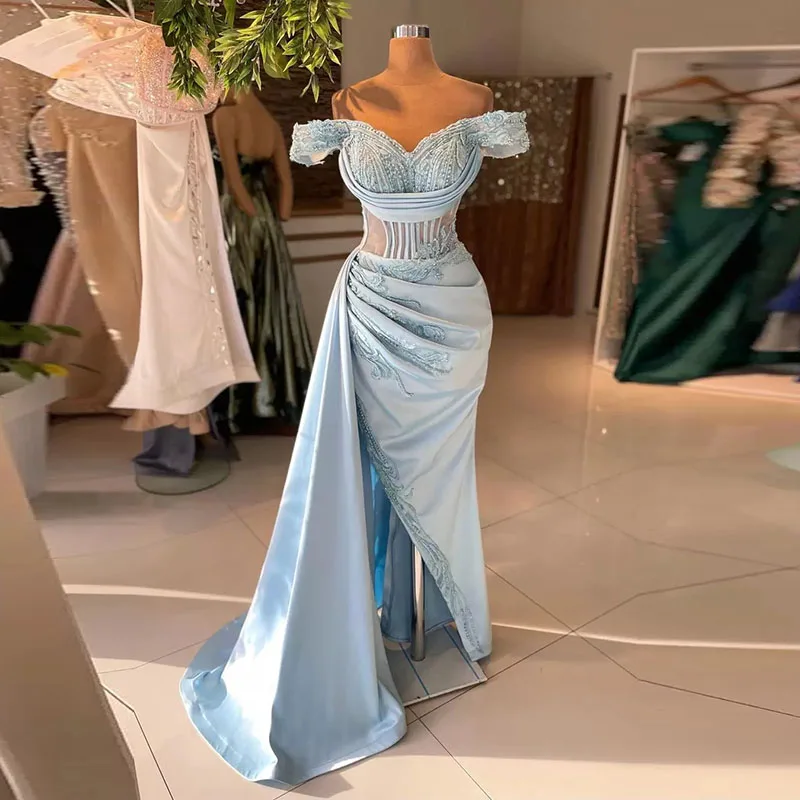 Sky Blue Off The Shoulder Prom Dresses Lace Appliques Satin Side Split Evening Gowns Saudi Arabia Formal Party Dress Custom Made