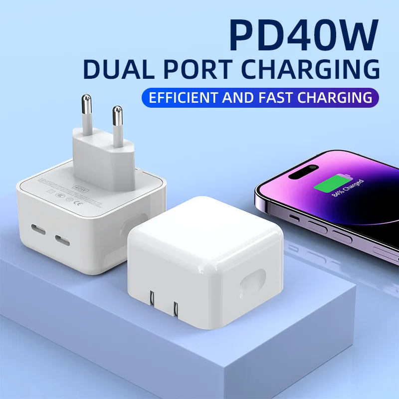 Carregador duplo pd 40w adaptador de carregamento rápido para iphone14 xiaomi huawei samsung carregador de telefone móvel carga rápida eua/ue/reino unido plug