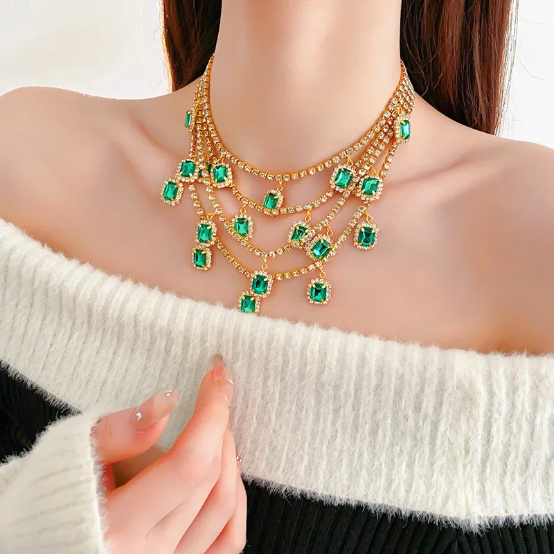 

Multi-Layered Gold Plated Green Crystal Rhinestone Necklace Multi-Strand Statement Bridal Choker Necklace