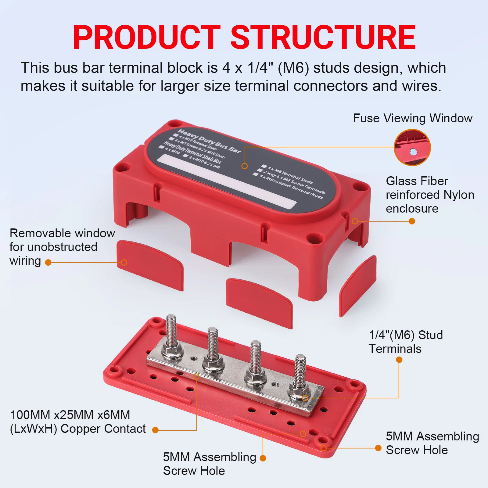 บล็อกจ่ายไฟบัสบาร์แบบแถวเดียว 4 ช่อง สำหรับงานหนัก 12-48V ทองแดงแดง ชุบนิกเกิล ไนลอน M6 M8 M10 สำหรับรถบรรทุก เรือ ยานพาหนะทางทะเล