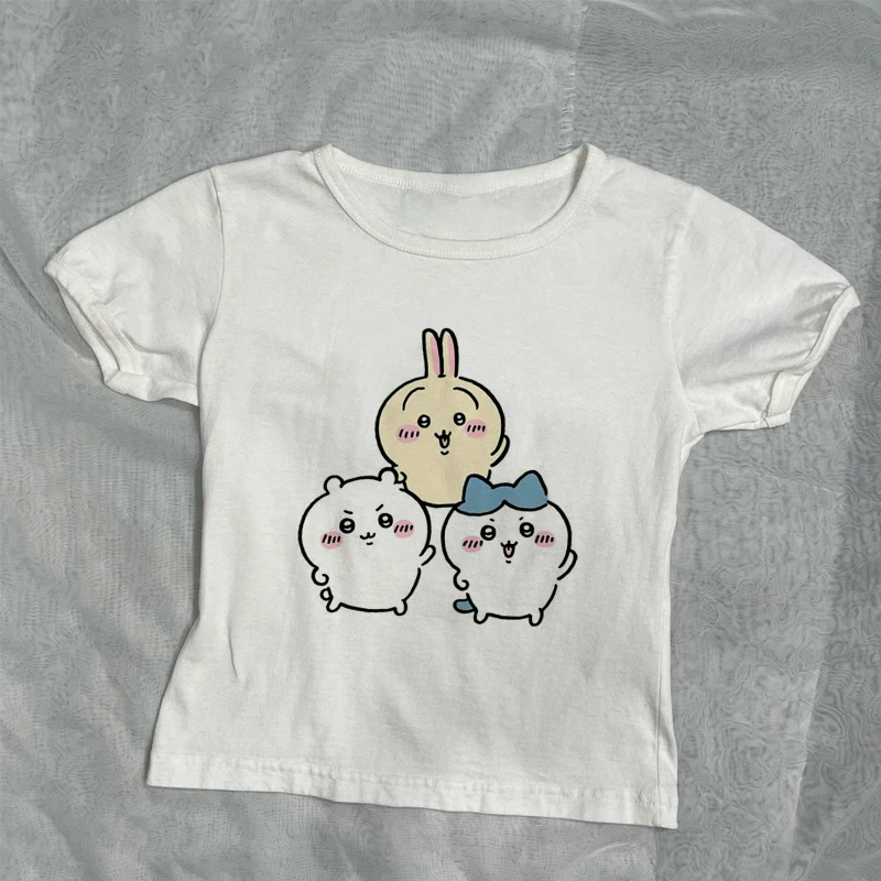 2000s خمر المرأة المحاصيل الأعلى فاسق الشارع الشهير ضئيلة الجمالية Chiikawa طباعة الجرونج Y2k الملابس القوطي ايمو الطفل المحملة النساء بلايز 90s