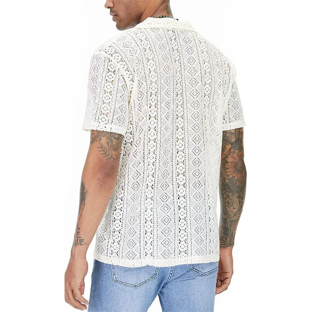 Summer Men\'s Lace Floral Shirt Short Sleeved Button Hollowed Out Perspective Shirts For Men Blouse Tops