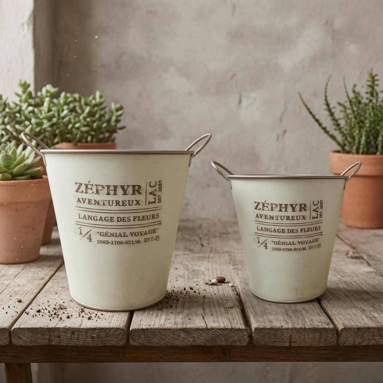 2 Pieces Metal Pail Planter Decorative Lettering Rustic Flower Pot Distressed Metal Pail Iron Construction