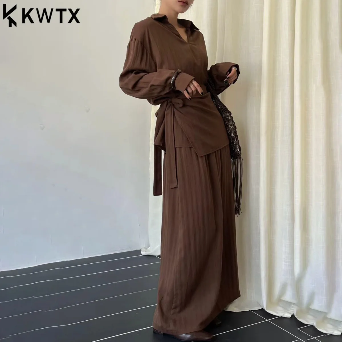 

KWTX Women's 2 Piece Set V-Neck Pullover Shirt & Skirt Tie Waist Slim Fit Casual Elegant Luxury Solid Spring Summer high quality