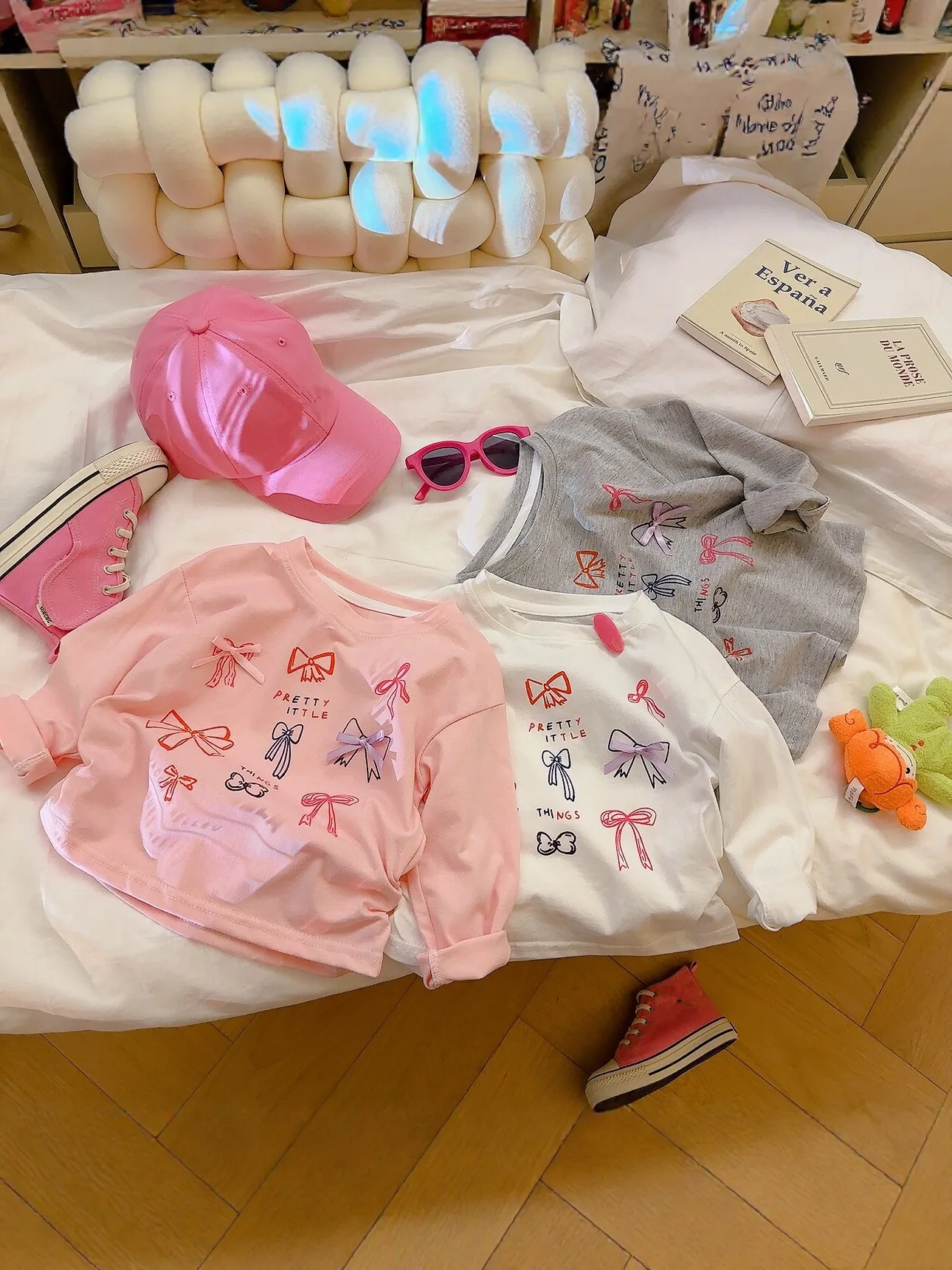 1piece Bow Printed T-shirt Kids Long Sleeve Children's Tops Girls Spring Autumn Tops Cotton Tees