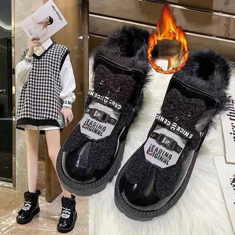 Short Barrel Snow Boots Woman Low Winter 2024 Furry Silver Footwear Leather and Fur Ankle Booties Shoes for Women Flat Elegant