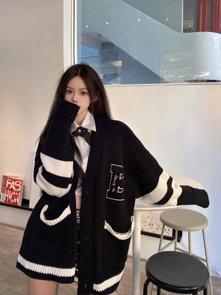 

Bla Oversize Knitted Sweater Coat Women's College Sle Lazy Faion Spring Autumn New Model V-ne Long Sve Warmth Emit...