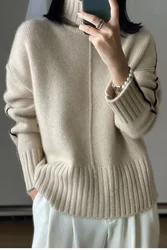 Women's Pure Cashmere Turtleneck Sweater Loose Fit Thick Bottoming Pullover Color Match European Style for Autumn And Winter