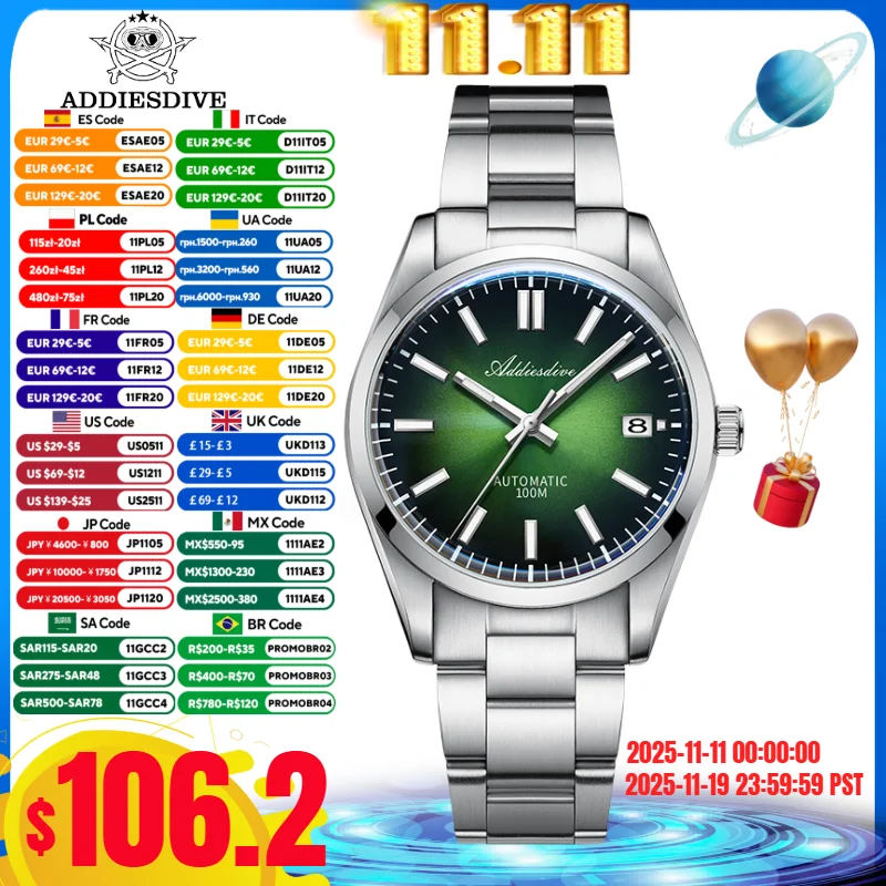 

ADDIESDIVE Hot Sale Men's Watch 10Bar Diving Sunburst Dial Sapphire Glass BGW9 Luminous NH35A Automatic Mechanical Watches