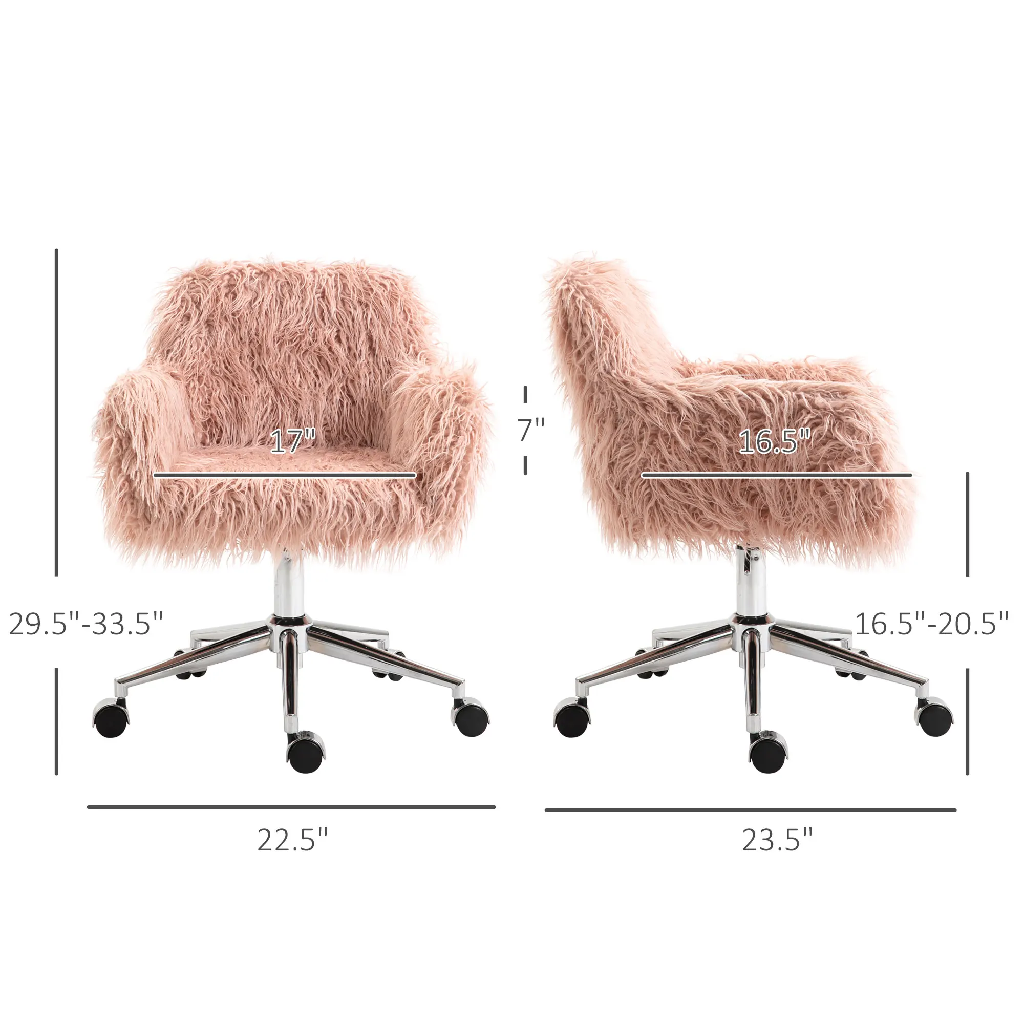 Swivel Faux Fur Office Chair, Vanity Chair W/ Adjustable Height, Wheels, Pink