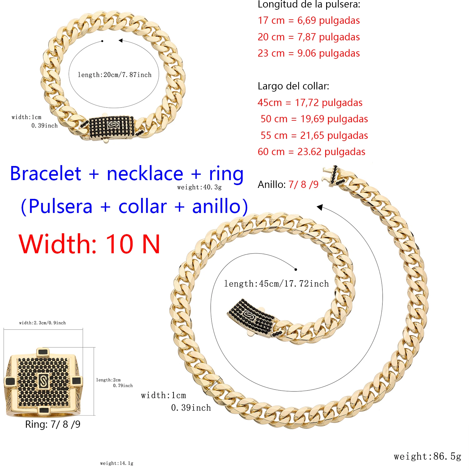 Men’s & Women’s Formal Jewelry Set – Black x chain + Gold-Tone Chain Design, Necklace + Bracelet + Ring, Office & Event Ready