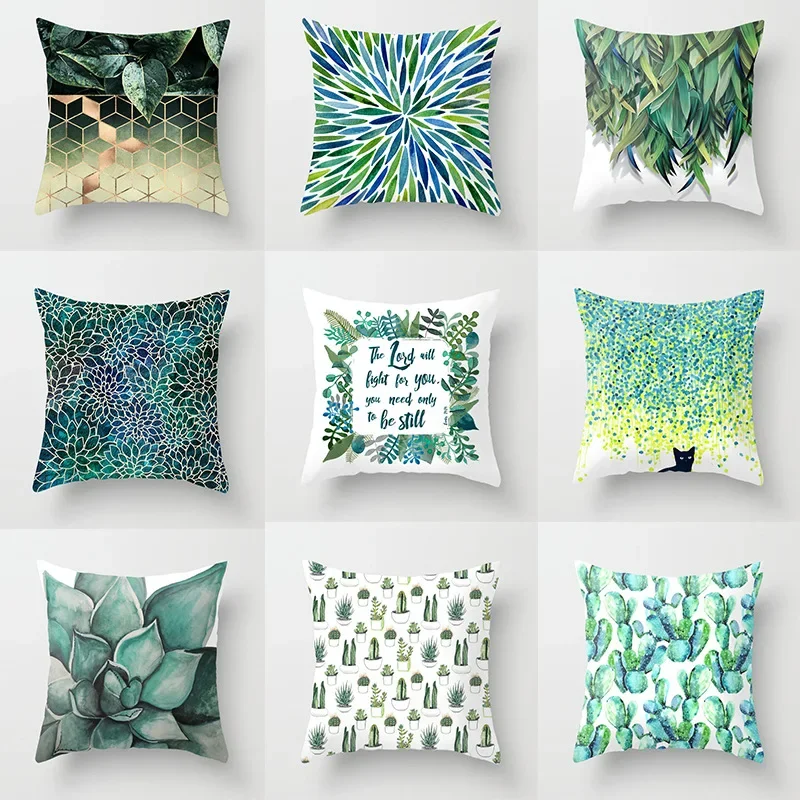 45X45CM Green Plant Geometric Pillowcase Home Sofa Office Cushion Bedside Backrest Wholesale