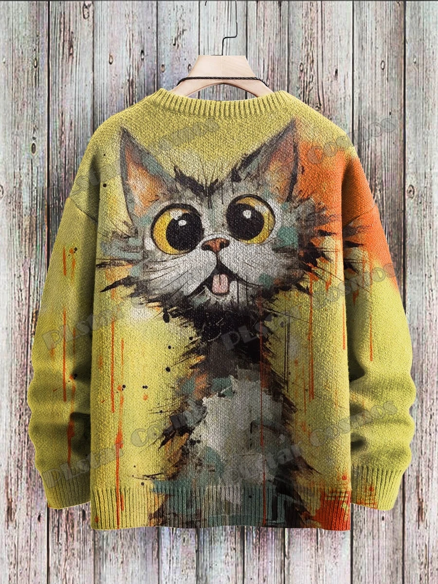 PLstar Cosmos Funny Retro Cat Art Pattern 3D Printed Men's Knitted Pullover Winter Unisex Casual Knit Pullover Sweater ZZM71
