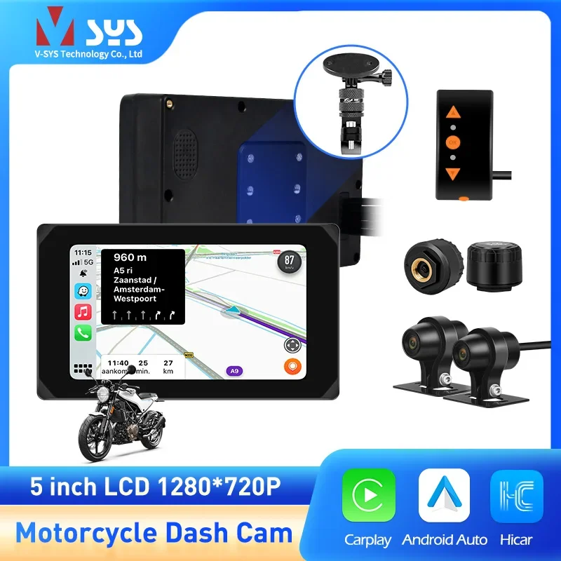 

5 Inch Touch Screen Motorcycle Camera CS5 Wireless Carplay Android Auto Waterproof Front & Rear 1080p Motorcycle Dvr
