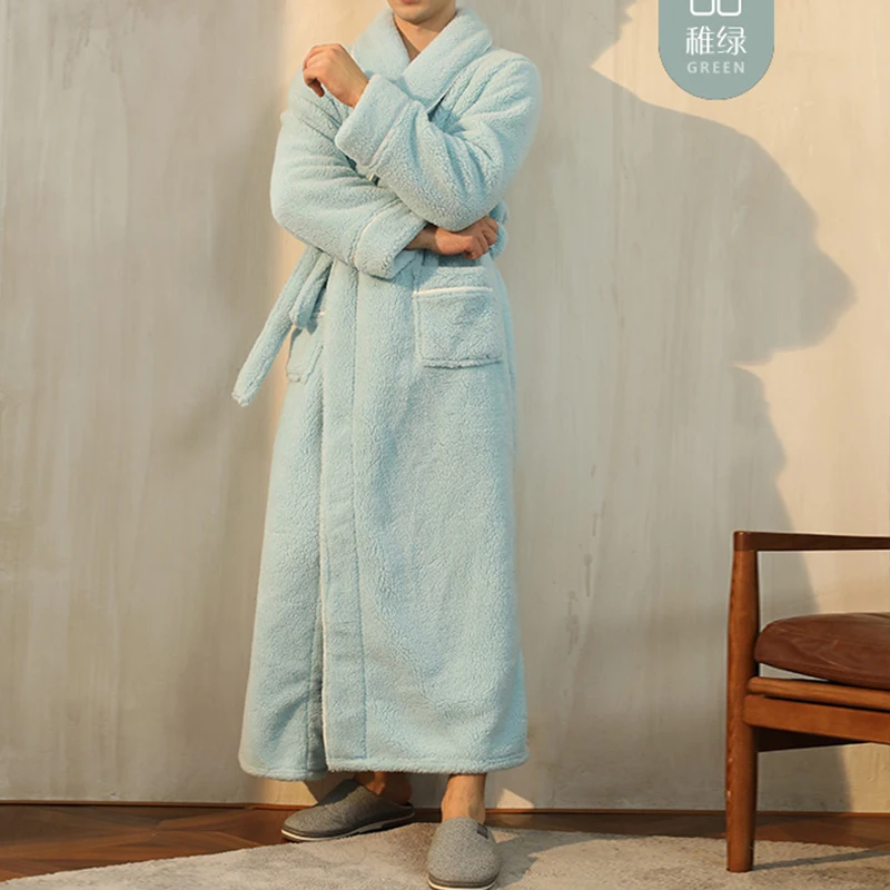 Winter Men's Bathrobe Women's Terry Kimono Robe Long Sleeve Warm Turn Down Collar Solid Fleece Dressing Gown For Couple халат