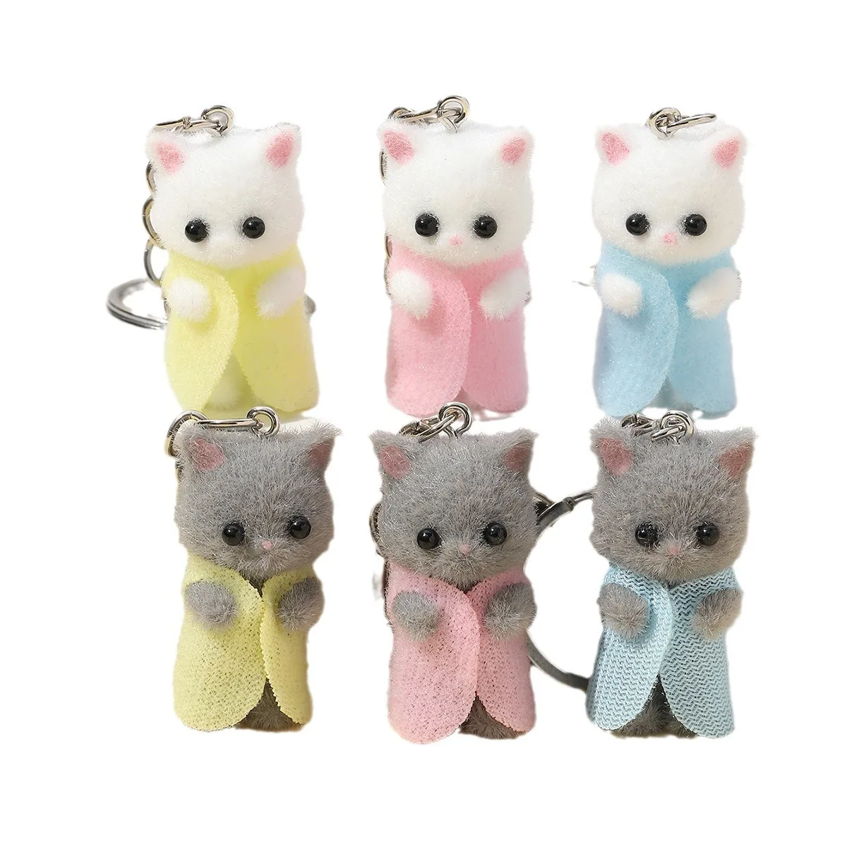 6 pc Mini Flocked Cute Cat keychain Plush Cat Doll Miniature Keychain for Bag DIY Accessory