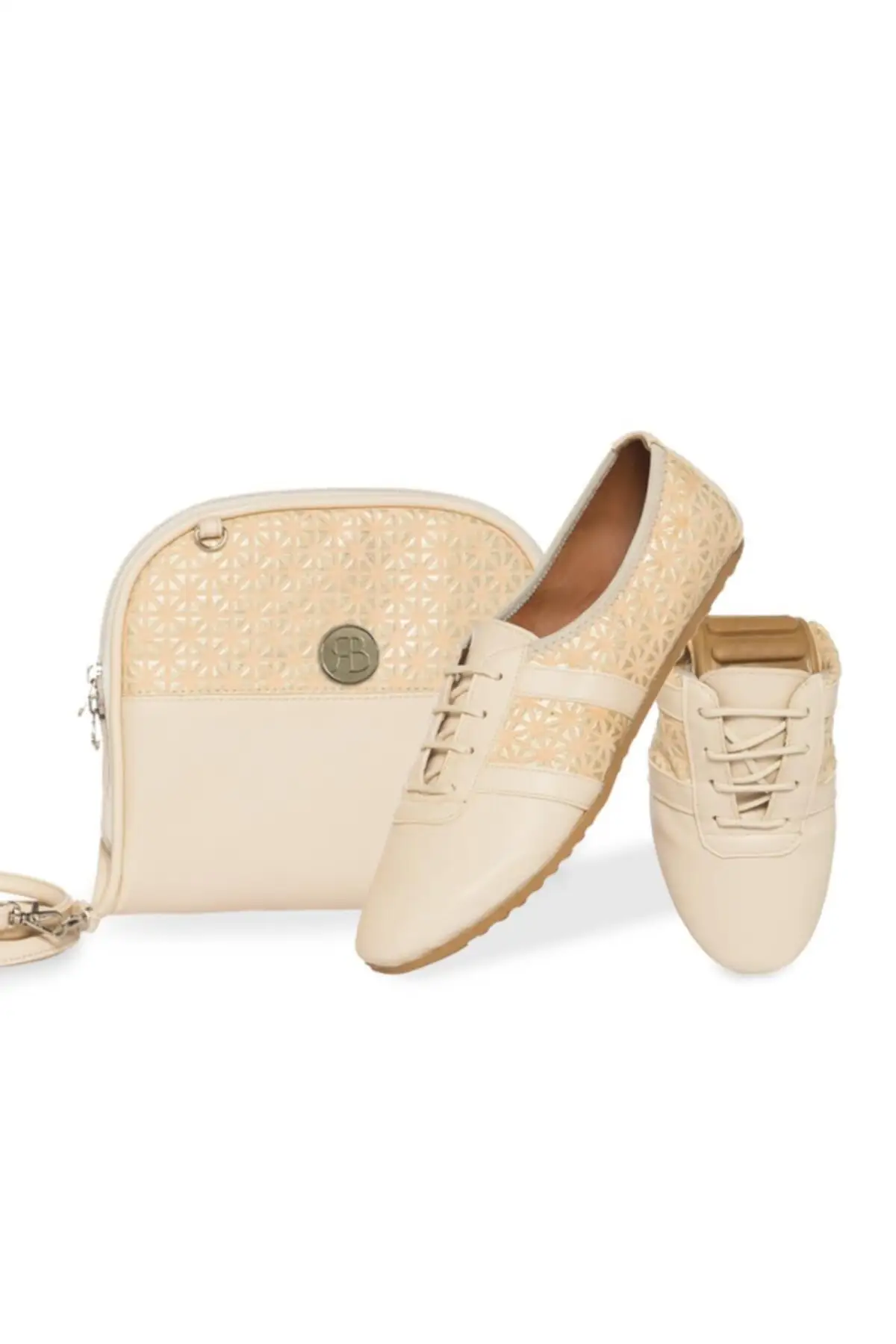 Female Ecru Bendis Golden Ballerina Shoes Bag Set