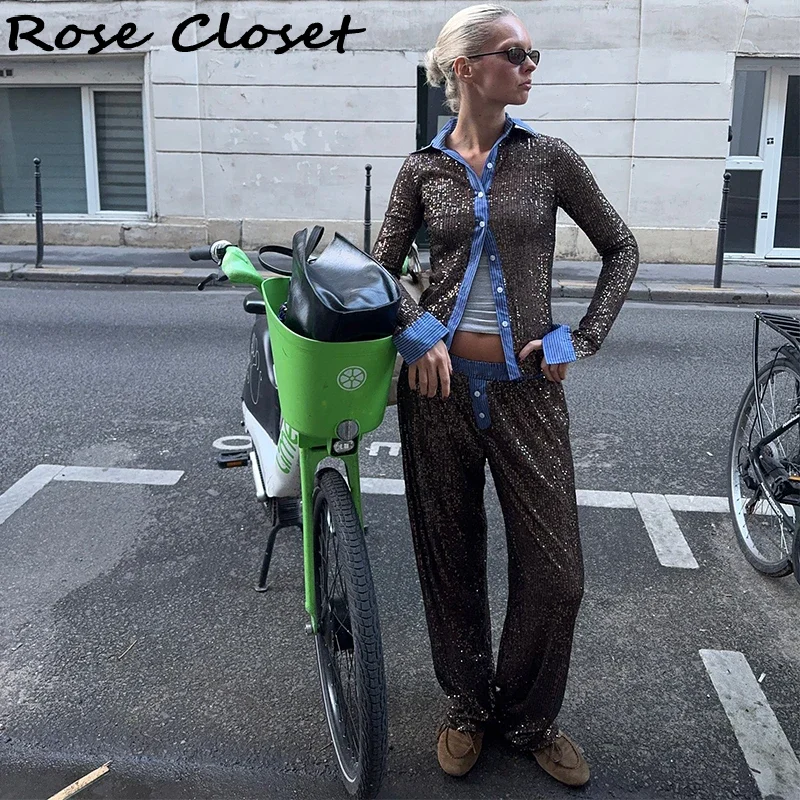 ساطع الترتر سراويل نسائية بريق المرقعة مستقيم الساق بنطلون عادية مرونة الخصر التخسيس بانت طويل 2025 سيدة جديدة بانت #4