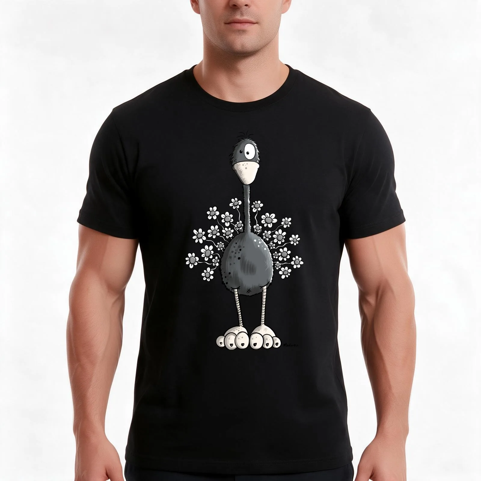 Funny Common Ostrich With Flowers T-Shirt, Summer Casual Cotton Tee, Oversized Streetwear Tops, Vintage Graphic Print