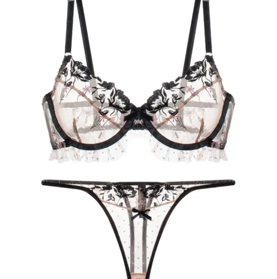

Sexy lace embroidered underwear ladies lingerie bra set thong bras gathered thin large size bratties
