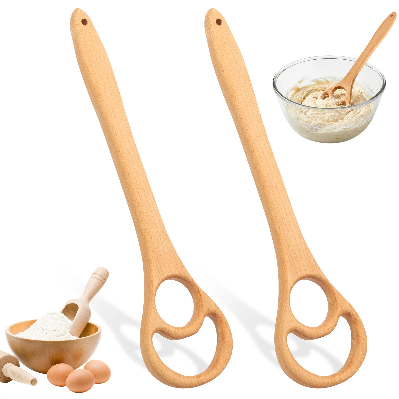2Pcs Wooden Danish Dough Whisk 12.8in One Piece Sourdough Bread Whisk with Flow Through Design Sourdough Mixer Tool for Cake