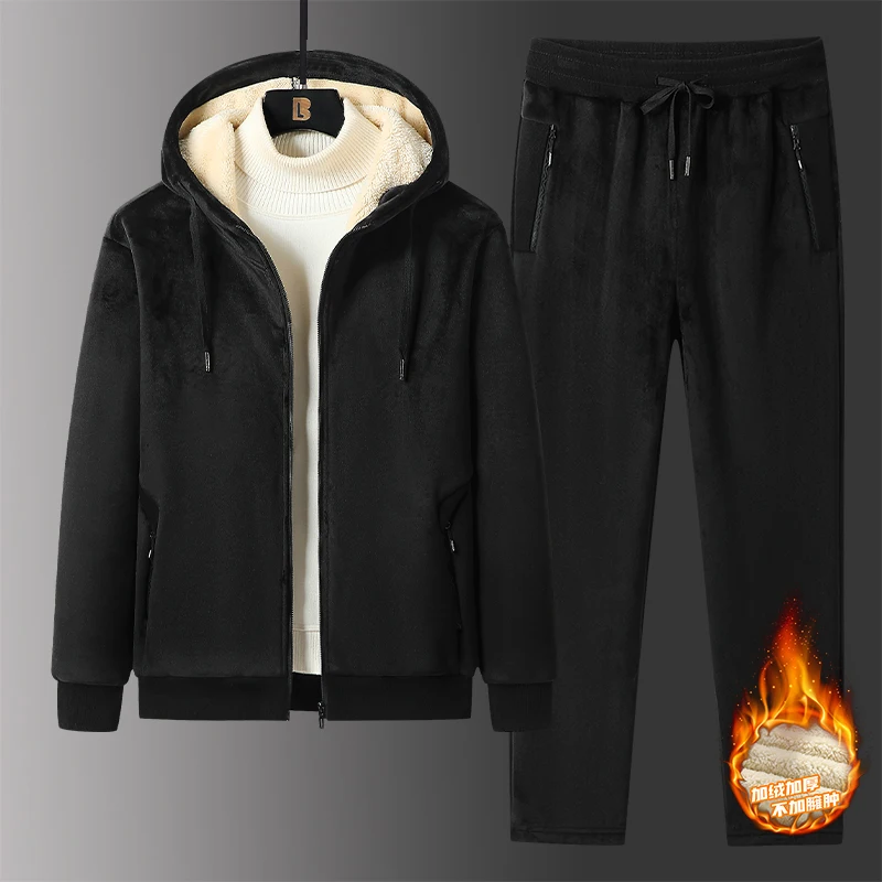 

Lamb 2Pcs Set Casual Athletic Sweater Trouser Male Trendy Men's Fleece-Lined Thickened Cardigan Hooded Sweatshirt Sweatpants