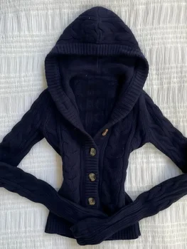 아메리칸 스타일 한국 스타일 후드 니트 카디건 디자인 미학 캐주얼 슬림 피트 스웨터 자켓 Y2k-grils 패션 의류