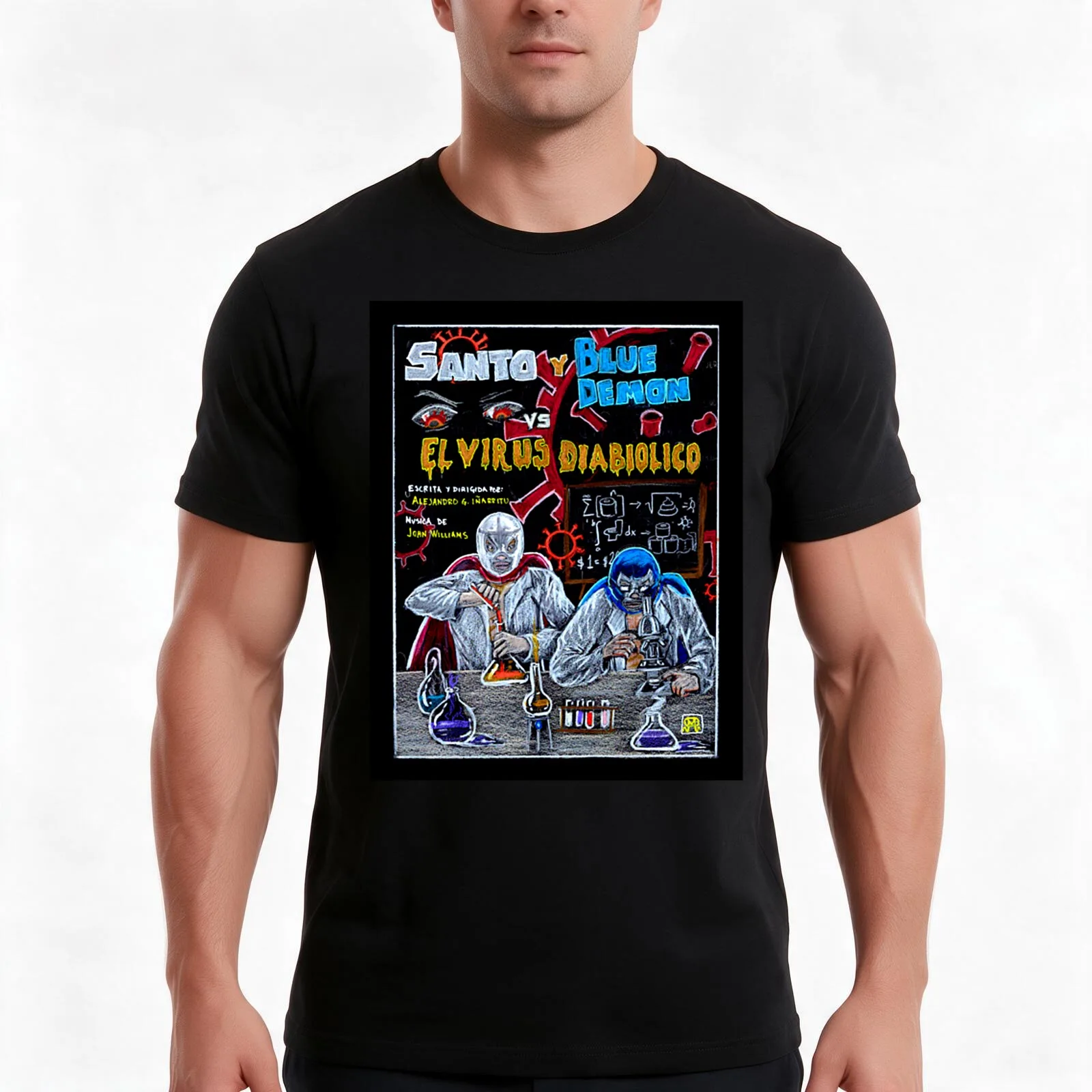 Santo Y Blue Demon vs El Virus Diabolico T-Shirt, Summer Casual Cotton Tee, Oversized Streetwear Tops, Vintage Graphic Print