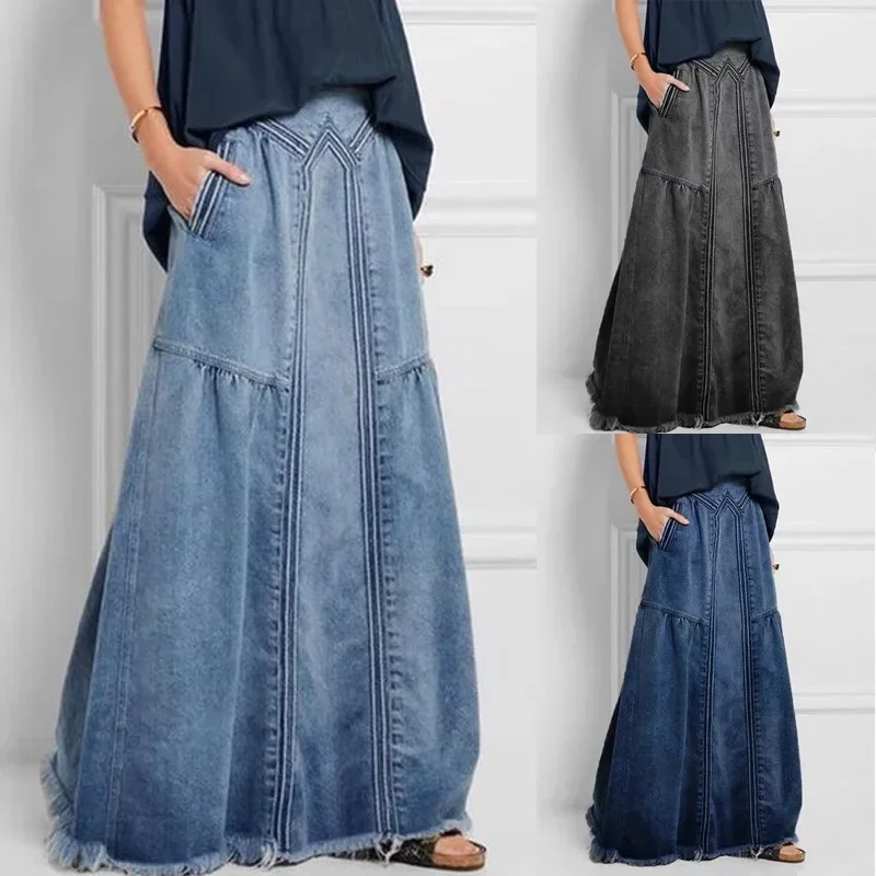 Women Y2k Skirt Denim Long Skirts Loose A Line Elastic High Waist Skirt Pocket Jeans Autumn Winter Casual Elegant Mom Streetwear