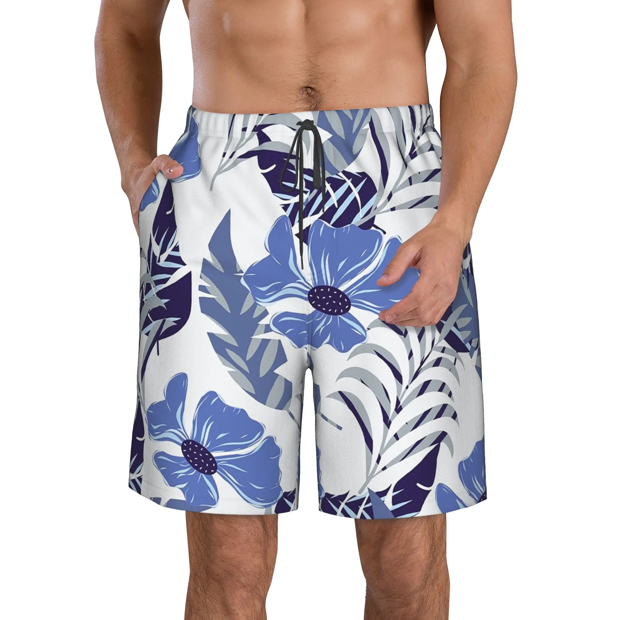 Tropical Flower Blue Floral Pattern Trunks Beach Board Shorts Casual Quick Dry Swimming Summer Men Pants