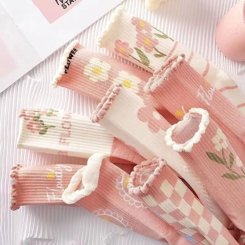 5/10 Pairs Spring Mid Length Socks Sweet Girl Lace Socks High Heel Socks Fashion Women's Cotton High Quality 2024 Women's Socks